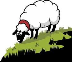 Cartoon Sheep Grazing on Green Hilltop Illustration vector