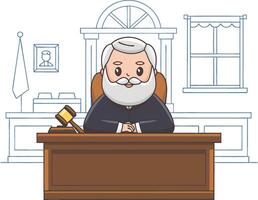 Cartoon Judge Sitting at Desk in Courtroom with Gavel Illustration vector