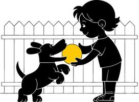 Child Playing Fetch with Dog by Wooden Fence Illustration vector