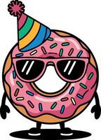 Cartoon Doughnut Celebration with Sunglasses and Party Hat vector