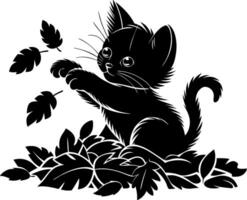 Adorable Kitten Playing with Autumn Leaves Illustration vector