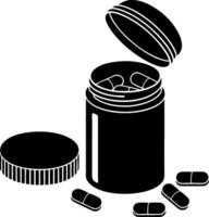 Black Illustration of Open Pill Container with Capsules Spilling Out vector
