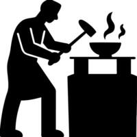 Blacksmith Silhouette Working with Hammer and Anvil in Workshop vector