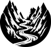 Black and White Mountain Landscape with Winding River Design vector