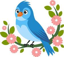 Bright Blue Bird Perched on Flowering Branch Colorful Illustration for Spring Design vector