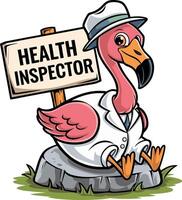 Cartoon Flamingo Health Inspector in White Suit with Hat and Sign Sitting on Rock vector