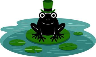 Cartoon Frog Wearing Top Hat Sitting on Lily Pad in Pond vector