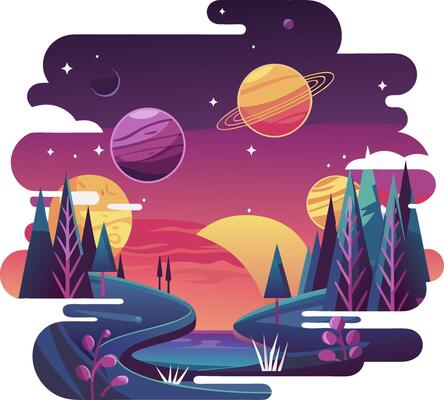 Colorful Cosmic Fantasy Landscape with Surreal Planets and Enchanted Forest