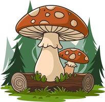 Cartoon Forest Scene with Large Mushrooms and Pine Trees Illustration vector