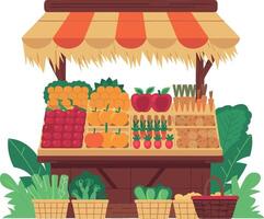 Colorful Farmers Market Produce Stand with Fruits and Vegetables Displayed vector