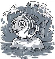 Cartoon Fish Standing on Rock with Waves in Illustration vector