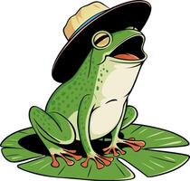 Cartoon Frog with a Hat Sitting on a Lily Pad Illustration vector