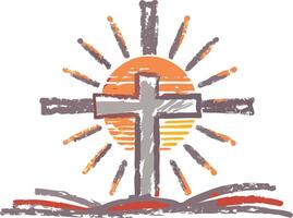 Christian Cross with Sunset Background Symbolizing Faith and Hope in Hand-Drawn Style vector