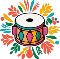 Colorful Drum Illustration with Decorative Floral Elements Art vector