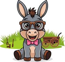 Adorable Donkey Cartoon with Glasses and Pink Bow Tie in Garden Setting vector