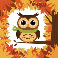 Autumn Owl Illustration with Colorful Leaves and Green Scarf on Tree Branch vector