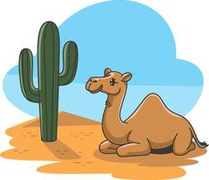 Cartoon Camel Sitting Desert Scene with Cactus and Blue Sky Illustration vector