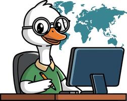 Cartoon Duck in Glasses Working at Computer with World Map Background vector