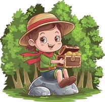 Adventurous Child with Treasure Chest in Forest Cartoon Illustration vector