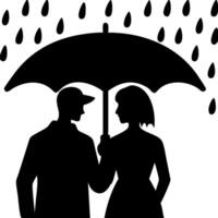Romantic Couple Silhouette Sharing Umbrella Art in Rainy Weather vector