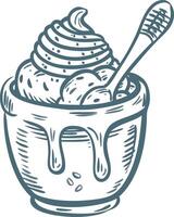 Hand-Drawn Ice Cream with Whipped Topping and Spoon in Dripping Bowl vector