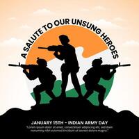 Indian Army Day background with silhouettes of soldiers and a flag vector