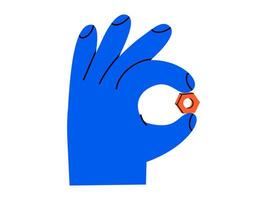 Hand drawn cute cartoon illustration hand with female screw. Flat arm holding repair hexagon tool in doodle. Support service nut hardware icon. Settings or fix problem. Find solution. Isolated. vector
