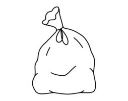 Hand drawn cute outline illustration of big garbage bag. Flat black plastic package with trash, environmental pollution design in line art doodle style. Waste sorting sticker, icon. Isolated. vector