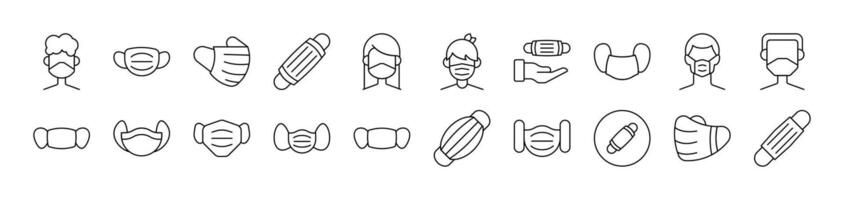 Collection of Outline Symbols of Medical Face Mask Drawn with Thin Line for apps, web sites, banners, infographics and other types of design vector