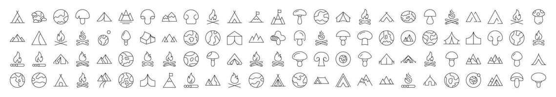 Mushroom, Mountain, Planet, Bonfire Related Simple Symbol Drawn with Thin Line for Interface, Booklets, Cards, Posts, Infographics vector