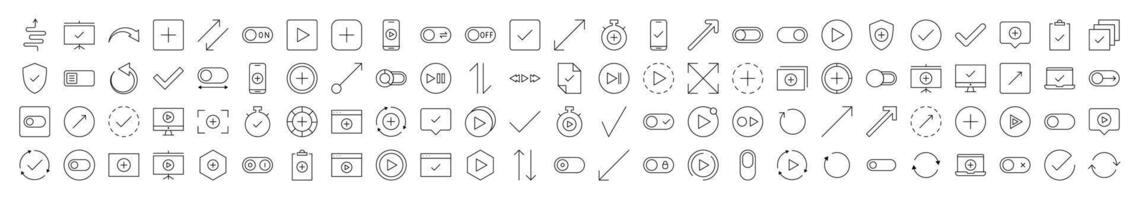 Simple Linear Illustration of Interface. Contains Icons of Arrows, Plus, Check, Play that Can Be Used for Design of Cards, Posts, Apps, Web Sites vector