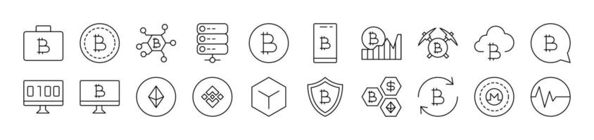 Cryptocurrency and Bitcoin Outline Icon Collection. Editable Stroke. Perfect for Infographics, Articles, Books, Flyers, Banners vector