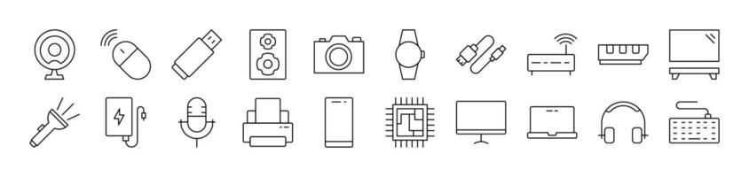 Microphone, USB Cable, Camera, Chip etc Outline Image Collection. Editable Stroke. Perfect for Infographics, Articles, Books, Flyers, Banners vector