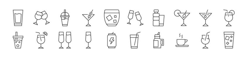 Collection of Signs of Alcoholic Drink, Energy Drink, Soft Drinks Drawn with Thin Line for apps, web sites, banners, infographics and other types of design vector
