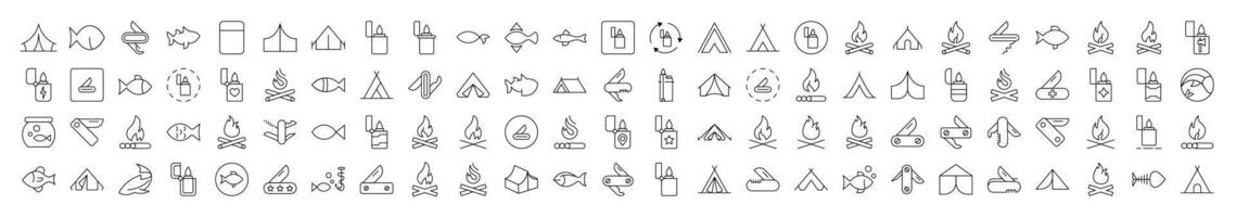 Camping Isolated Outline Icons. Contains such Elements as Bonfire, Fish, Folding Knife, Tent, Lighter. It Can Be Used for Interface, Posts, Advertisements, Various Cards vector