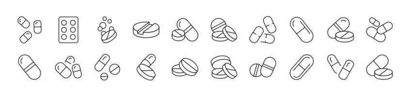 Pills and Medication Icon Set for UI, Placards, Books, Apps. Editable Stroke. Suitable for Web Sites, Books, Cards, Apps vector