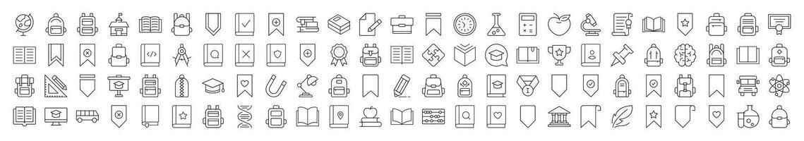 School, College, University Line Icon Pack. Modern Collection for Design, Web Sites, Apps, Cards. Contains Linear Images of Backpack, Bookmark, Book, Clock vector