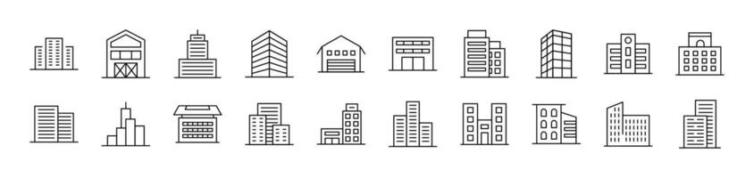 Set of Line Icons of Building. Editable Stroke. Minimalistic Linear Pictogram for Design of Cards, Apps, Banners, Posts vector