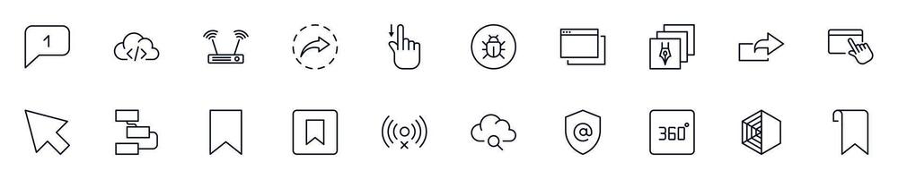 Web and internet set of outline symbols of web and internet. Line icon perfect for web sites, newspapers, articles, book vector