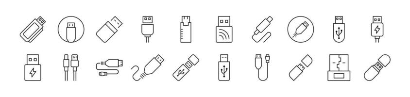 Pack of Line Icons of USB Cable. Editable Stroke. Minimalistic Linear Pictogram for Design of Cards, Apps, Banners, Posts vector