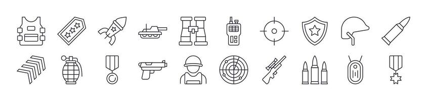 Army and Military Outline Icon Collection. Editable Stroke. Perfect for Infographics, Articles, Books, Flyers, Banners vector