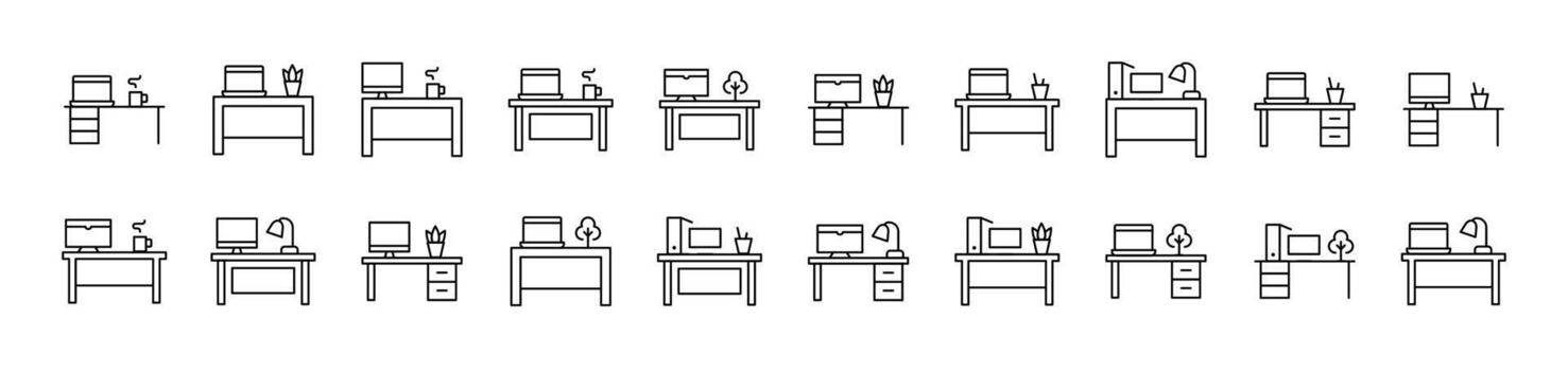 Computer on Table Pack of Thin Icons. Editable Stroke. Suitable for Web Sites, Books, Cards, Apps vector
