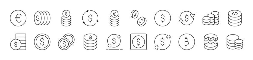 Various Coins Related Line Icon Collection. Editable Stroke. Perfect for Infographics, Articles, Books, Flyers, Banners vector