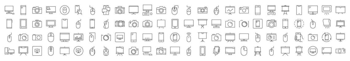 Devices Line Icon Set. Modern Collection for Design, Web Sites, Apps, Cards. Contains Linear Images of Phone, Photo Camera, Computer Mouse and PC vector