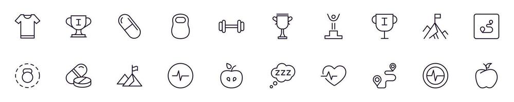 Sport, fitness and healthy lifestyle outline icons drawn with black thin line. Editable stroke. Simple linear illustration that can be used as a design element for apps and websites vector