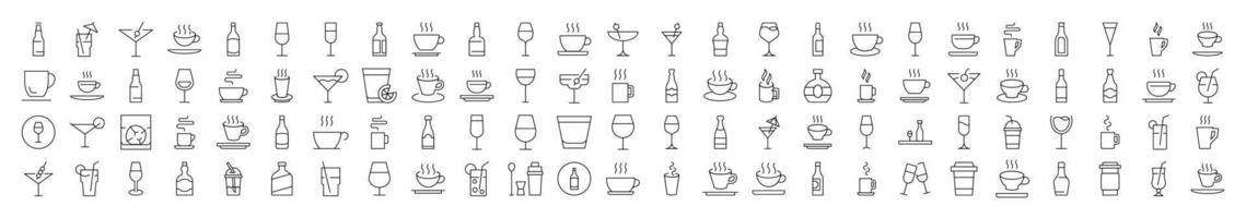 Collection of Line Icons of Coffee, Soft Drinks, Alcoholic Beverages. Editable Stroke. Minimalistic Linear Pictogram for Design of Cards, Apps, Banners, Posts vector