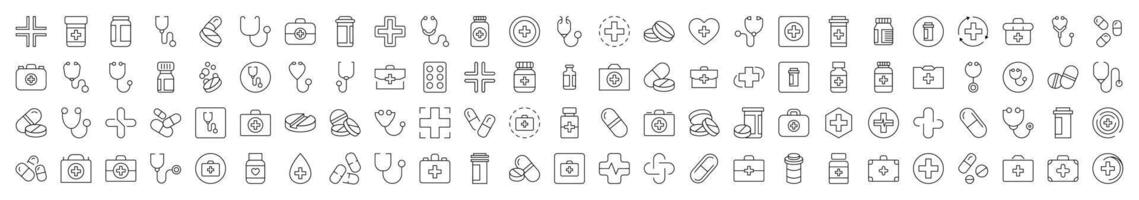 Collection of Health Care Related Line Icons. Editable Stroke for Design, Web Sites, Apps, Cards. Contains Linear Images of Medical Cross, Pills, Stethoscope, Suitcase vector