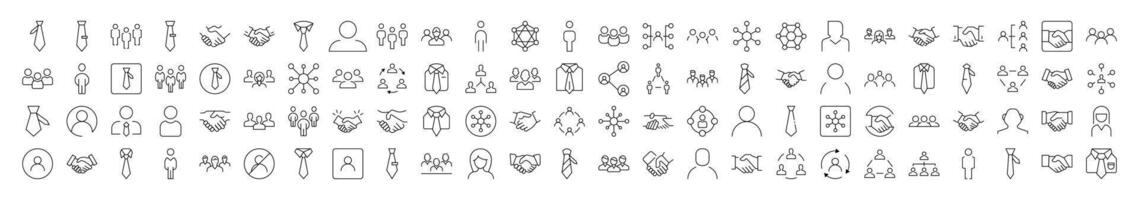 Staff and Company Line Icon Set. Modern Collection for Design, Web Sites, Apps, Cards. Contains Linear Images of Worker, Handshaking, Office Clothing vector