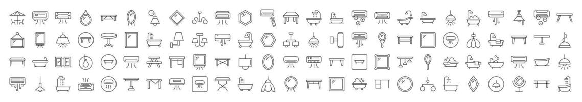 Interior Simple Linear Illustrations. Contains Icons of Conditioner, Mirror, Table, Lamp, Chandelier, Bathroom that Can Be Used for Design of Cards, Posts, Apps, Web Sites vector
