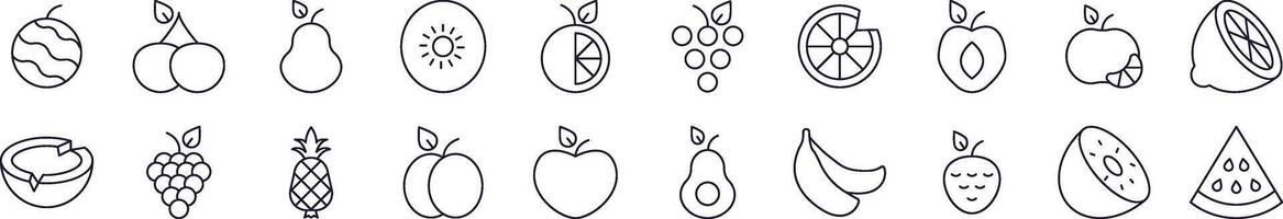 Pack of Line Icons of Watermelon, Coconut, Grape and Other Fruits. Editable Stroke. Minimalistic Linear Pictogram for Design of Cards, Apps, Banners, Posts vector
